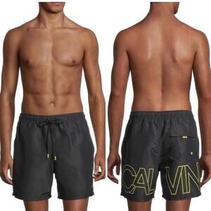Calvin Klein Black Yellow Logo Mesh Lined Swim Trunks Men’s Size XXL